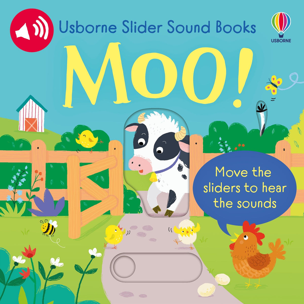 Coperta cărții „Slider Sound Books Moo!”, reprezentativă pentru colecția Slider Sound Books