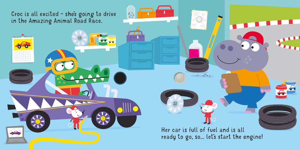 Usborne – Let's go in a Racing Car! – Carte cu sunete pentru copii 12+ luni – carte pentru copii Usborne, pagini interior ilustrate