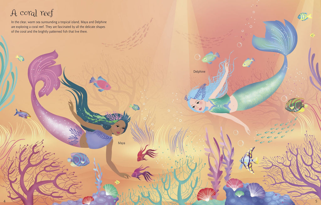 Usborne – Sticker Dolly Dressing Mermaids – Carte cu stickere pentru copii 5+ ani – carte pentru copii Usborne, detalii conținut cu abțibilduri