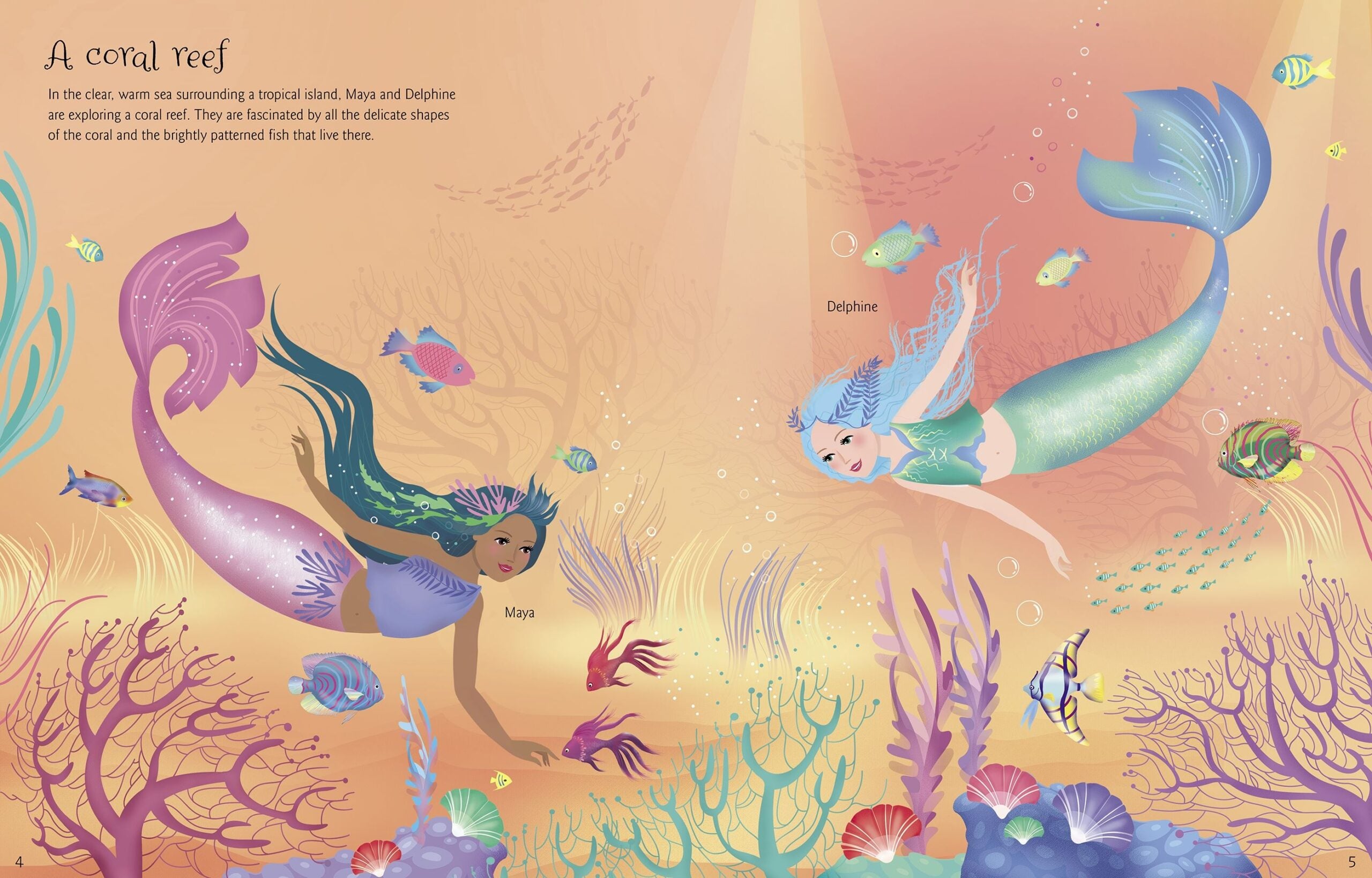 Usborne – Sticker Dolly Dressing Mermaids – Carte cu stickere pentru copii 5+ ani – carte pentru copii Usborne, detalii conținut cu abțibilduri