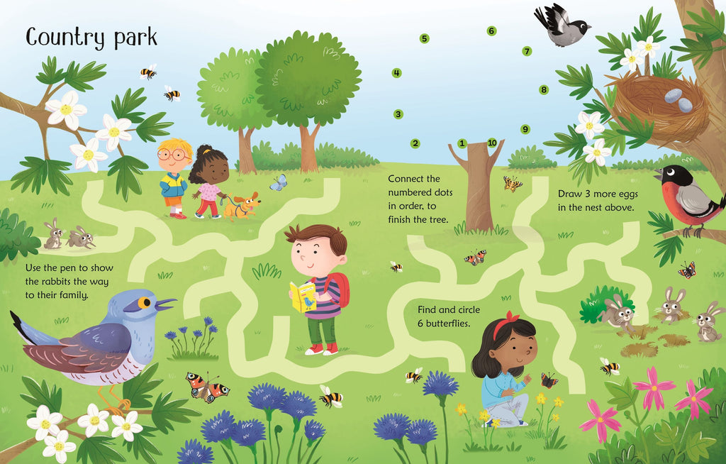 Usborne – Wipe-Clean Nature Activities – Carte de activități (refolosibilă) pentru copii 3+ ani – carte pentru copii Usborne, pagini interior ilustrate