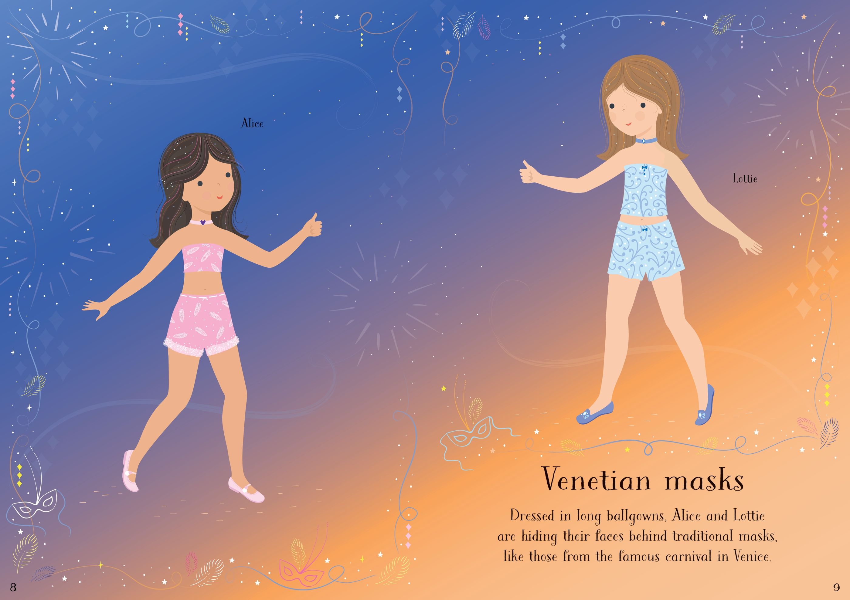 Usborne – Little Sticker Dolly Dressing Carnival – Carte cu stickere pentru copii 4+ ani – carte pentru copii Usborne, pagini interior ilustrate