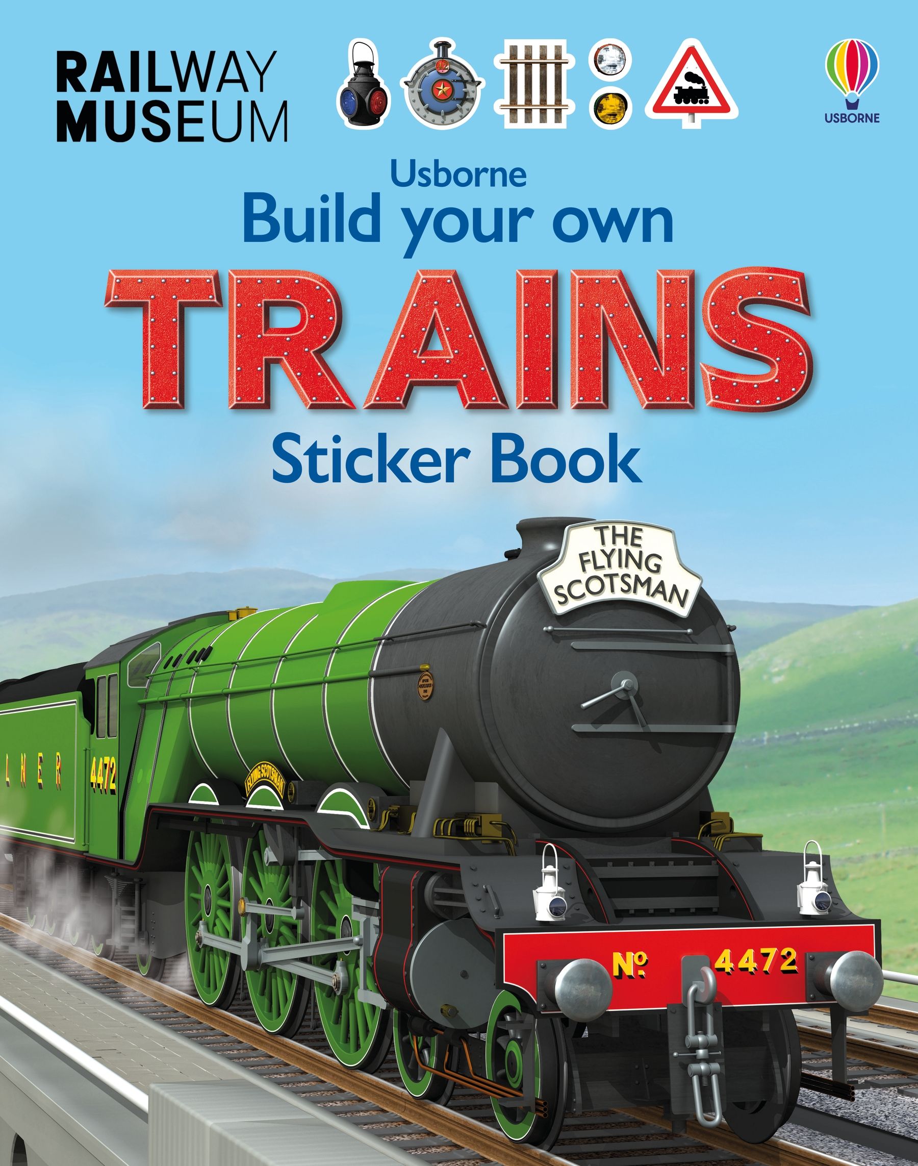 Usborne – Build Your Own Trains Sticker Book – Carte cu stickere pentru copii 5+ ani – carte pentru copii Usborne, copertă