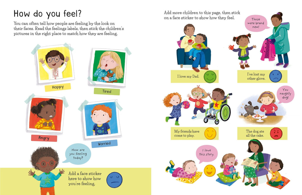 Usborne – First Sticker Book Feelings – Carte cu stickere pentru copii 3+ ani – carte pentru copii Usborne, detalii conținut cu abțibilduri