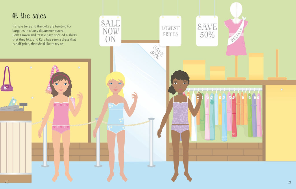 Usborne – Sticker Dolly Dressing Shopping – Carte cu stickere pentru copii 5+ ani – carte pentru copii Usborne, pagini interior ilustrate