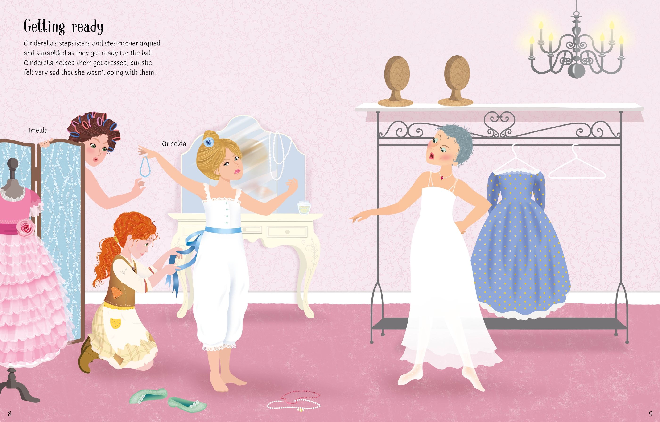 Usborne – Sticker Dolly Dressing Cinderella – Carte cu stickere pentru copii 5+ ani – carte pentru copii Usborne, pagini interior ilustrate