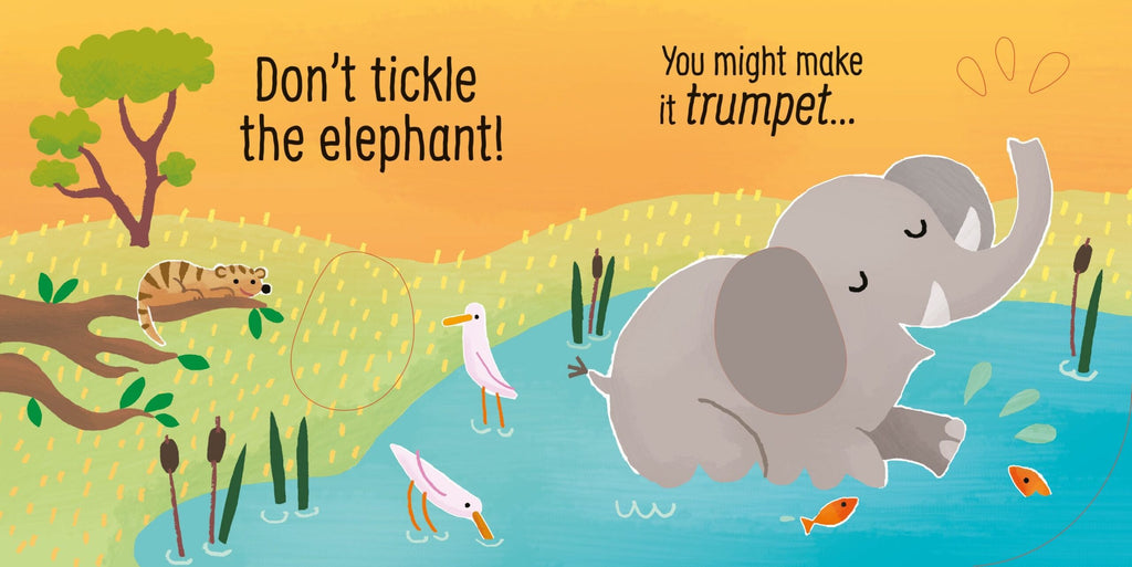Usborne – Don't Tickle the Elephant! – Carte cu sunete pentru copii 6+ luni – carte pentru copii Usborne, pagini interior ilustrate