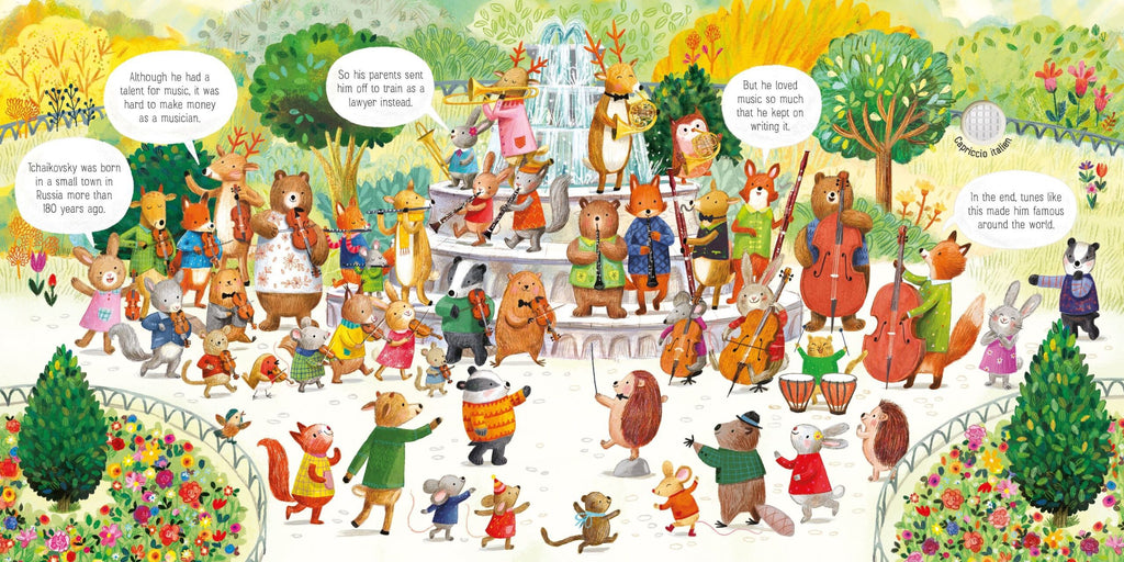 Usborne – The Animal Orchestra Plays Tchaikovsky – Carte muzicală pentru copii 6+ luni – carte pentru copii Usborne, detalii conținut cu sunete