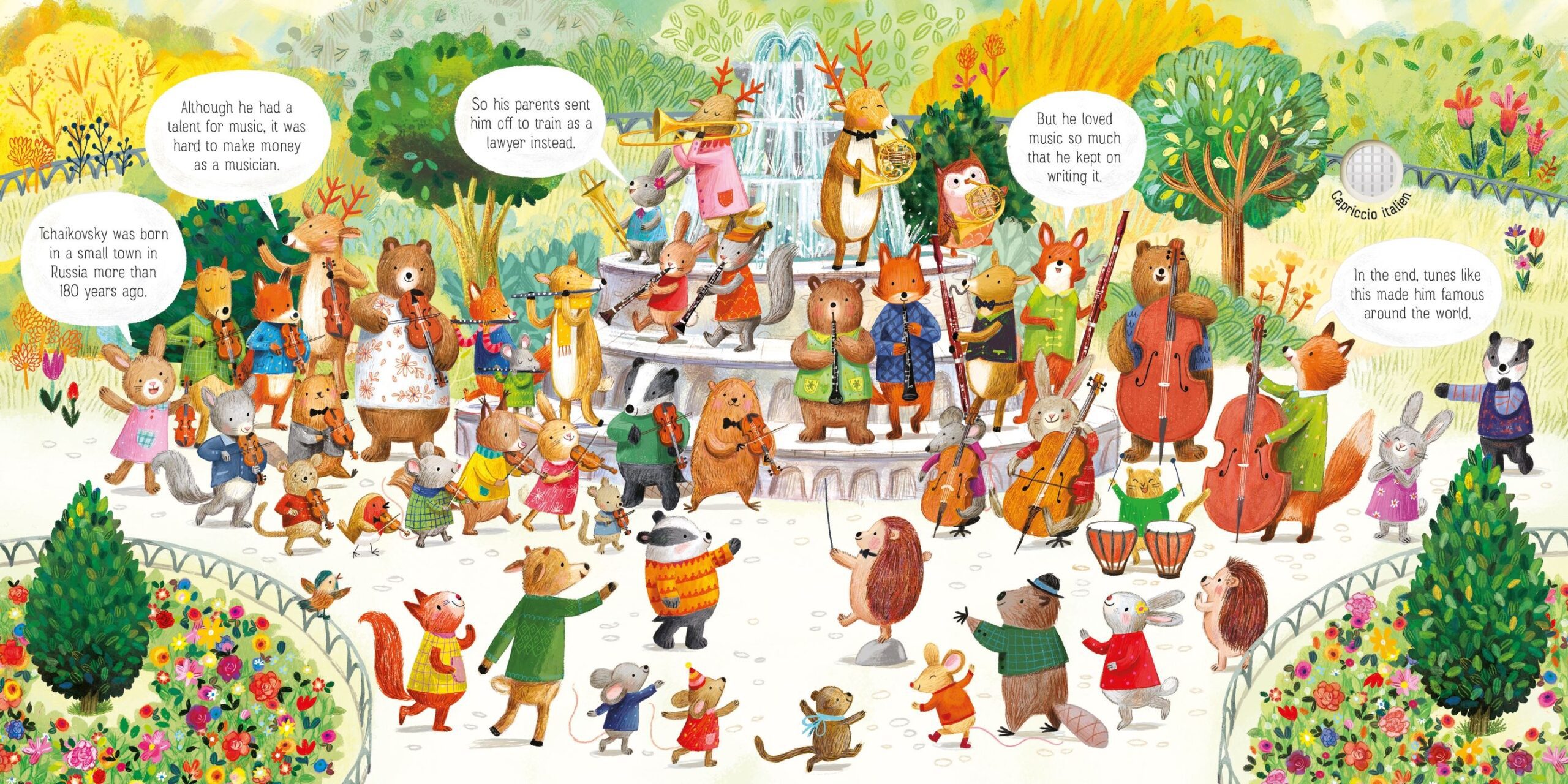 Usborne – The Animal Orchestra Plays Tchaikovsky – Carte muzicală pentru copii 6+ luni – carte pentru copii Usborne, detalii conținut cu sunete
