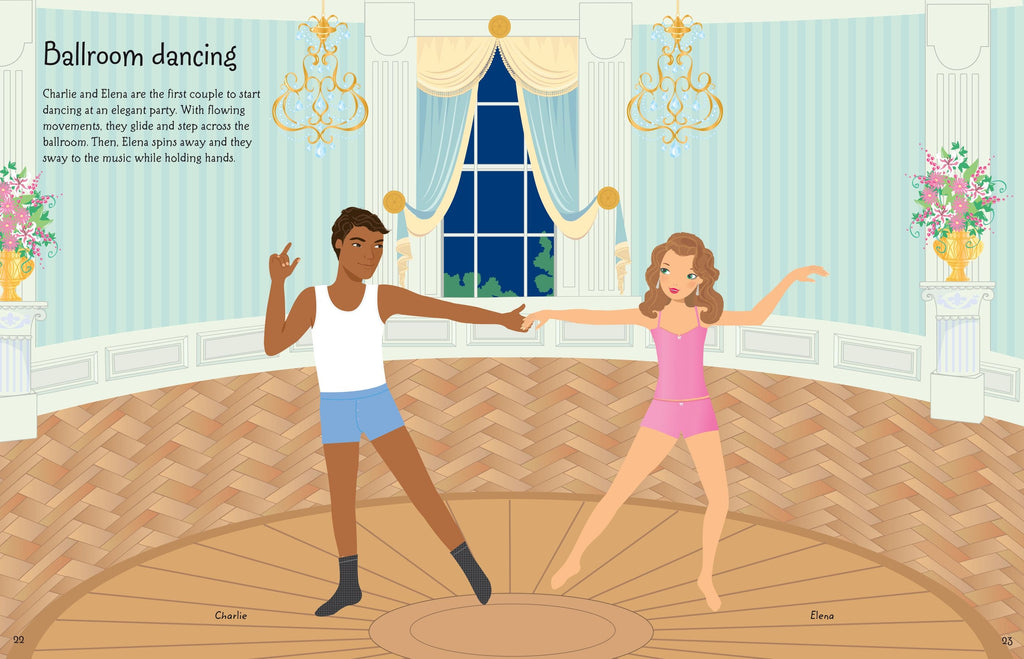 Usborne – Sticker Dolly Dressing Dancers – Carte cu stickere pentru copii 5+ ani – carte pentru copii Usborne, detalii conținut cu abțibilduri
