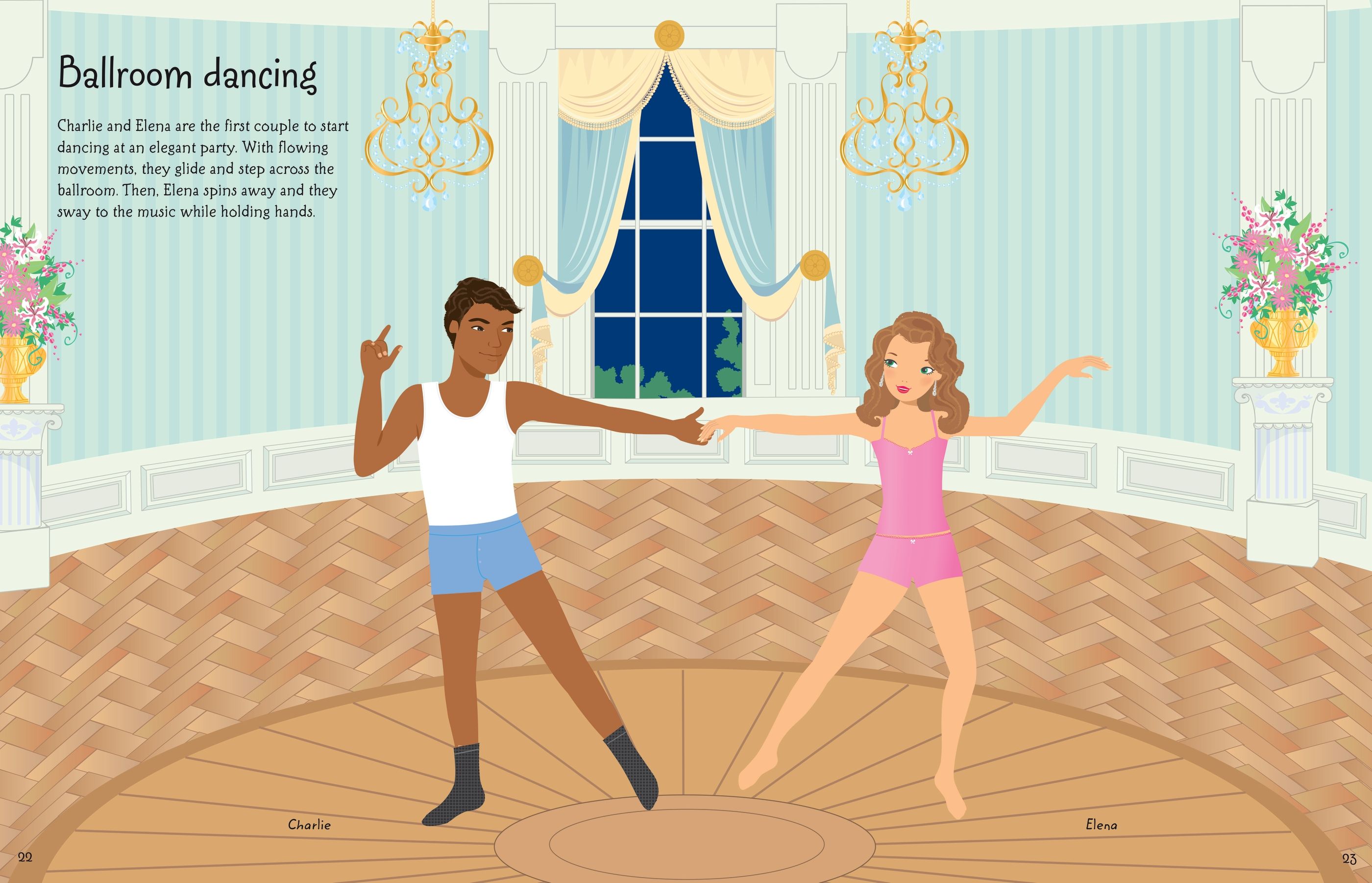 Usborne – Sticker Dolly Dressing Dancers – Carte cu stickere pentru copii 5+ ani – carte pentru copii Usborne, detalii conținut cu abțibilduri