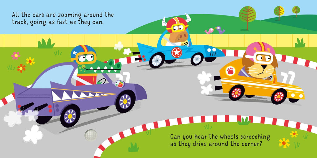 Usborne – Let's go in a Racing Car! – Carte cu sunete pentru copii 12+ luni – carte pentru copii Usborne, detalii conținut cu sunete