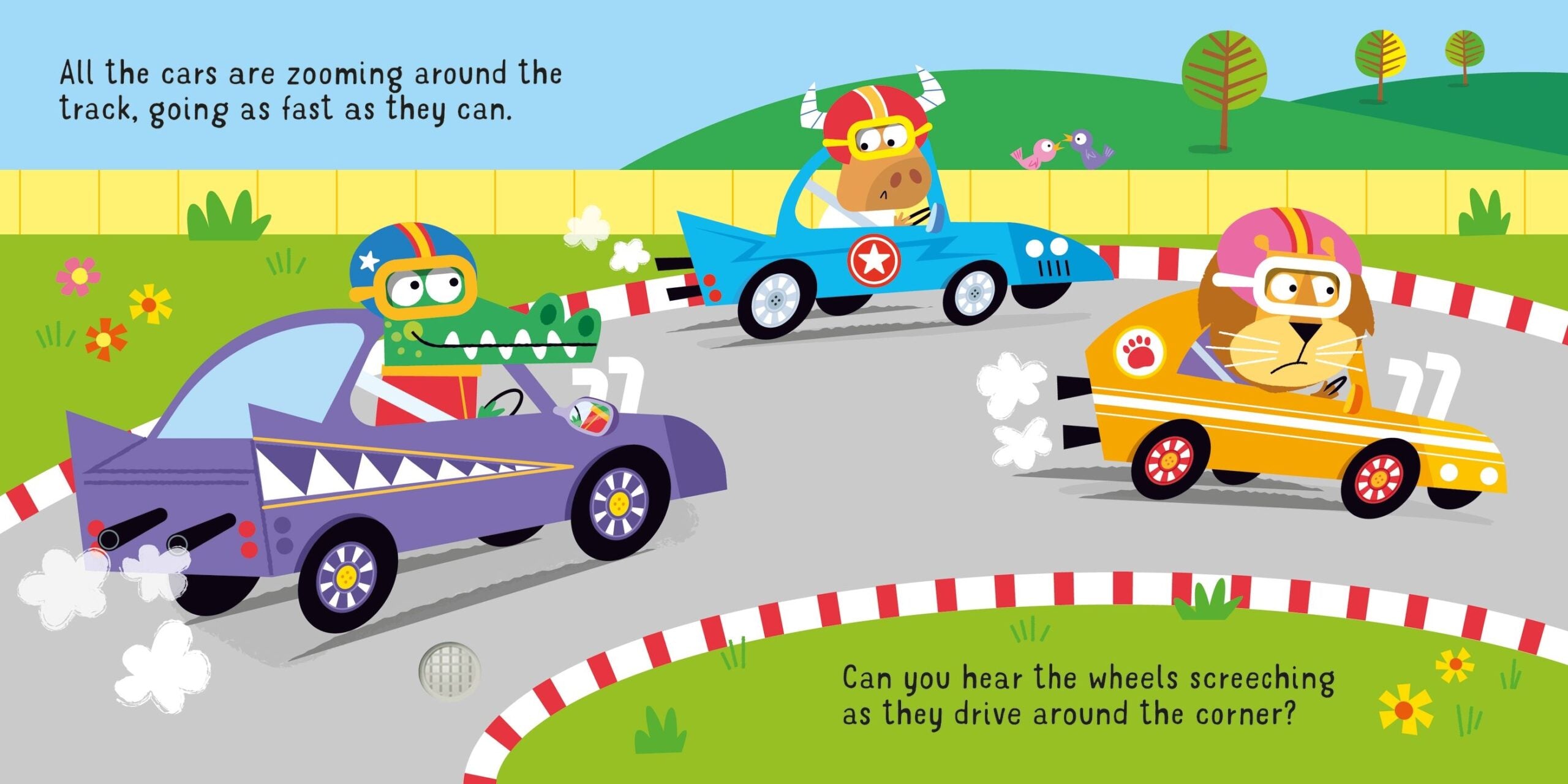 Usborne – Let's go in a Racing Car! – Carte cu sunete pentru copii 12+ luni – carte pentru copii Usborne, detalii conținut cu sunete