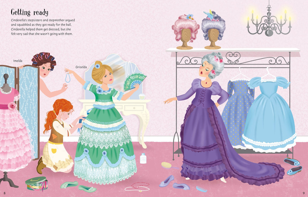 Usborne – Sticker Dolly Dressing Cinderella – Carte cu stickere pentru copii 5+ ani – carte pentru copii Usborne, detalii conținut cu abțibilduri
