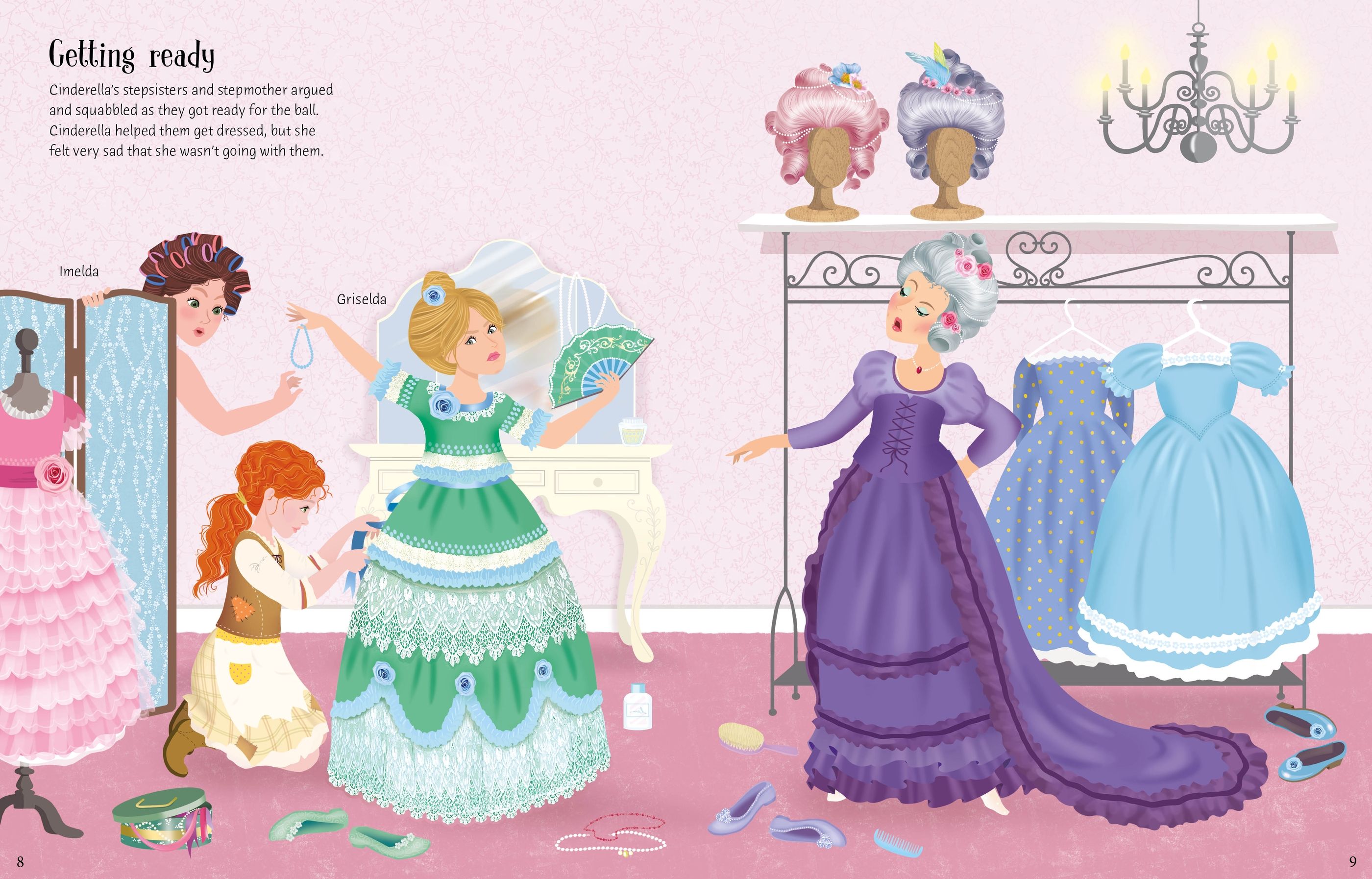 Usborne – Sticker Dolly Dressing Cinderella – Carte cu stickere pentru copii 5+ ani – carte pentru copii Usborne, detalii conținut cu abțibilduri
