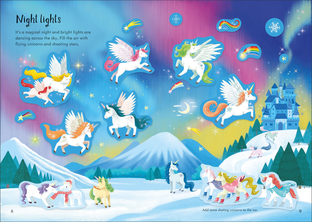 Usborne – Sparkly Unicorns Sticker Book – Carte cu stickere pentru copii 3+ ani – carte pentru copii Usborne, detalii conținut cu abțibilduri
