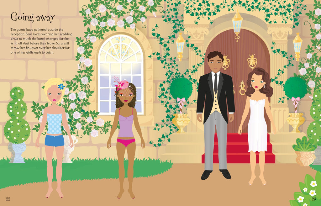 Usborne – Sticker Dolly Dressing Weddings – Carte cu stickere pentru copii 5+ ani – carte pentru copii Usborne, detalii conținut cu abțibilduri