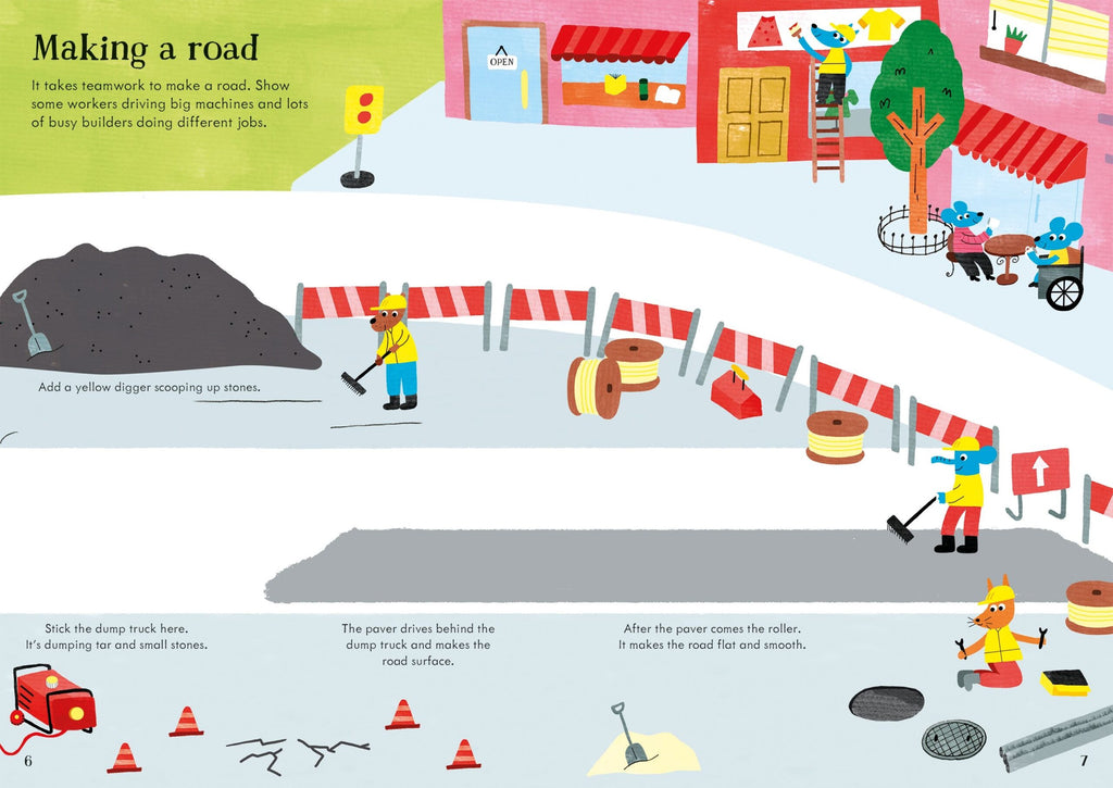Usborne – Little First Stickers Building Site – Carte cu stickere pentru copii 3+ ani – carte pentru copii Usborne, detalii conținut cu abțibilduri