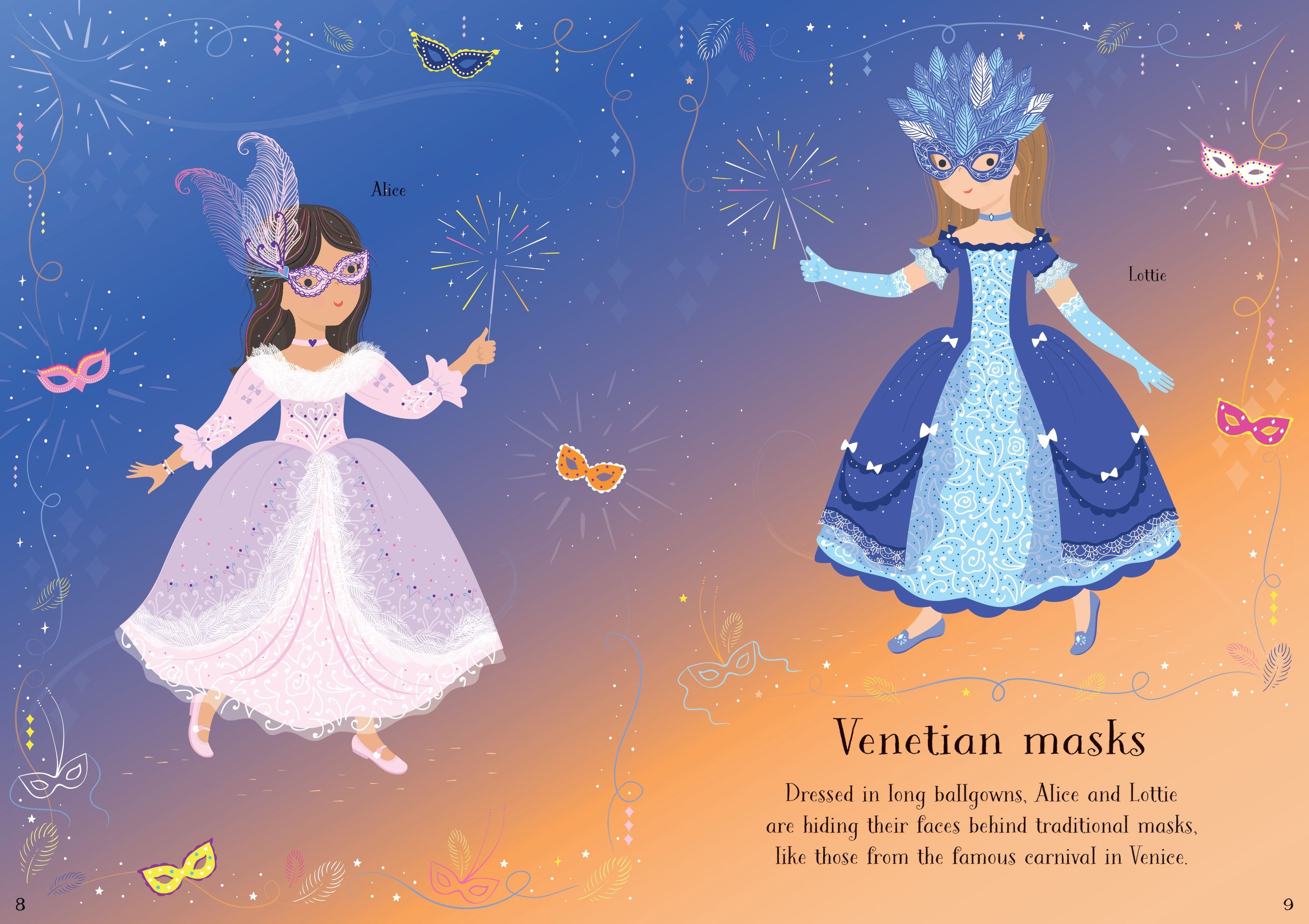 Usborne – Little Sticker Dolly Dressing Carnival – Carte cu stickere pentru copii 4+ ani – carte pentru copii Usborne, detalii conținut cu abțibilduri