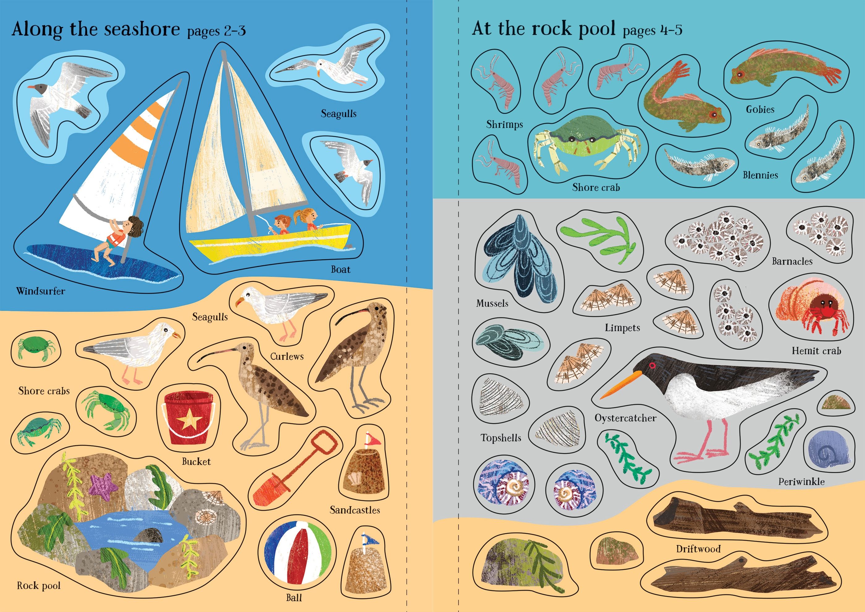Usborne – Little First Stickers Seashore – Carte cu stickere pentru copii 3+ ani – carte pentru copii Usborne, preview pagini