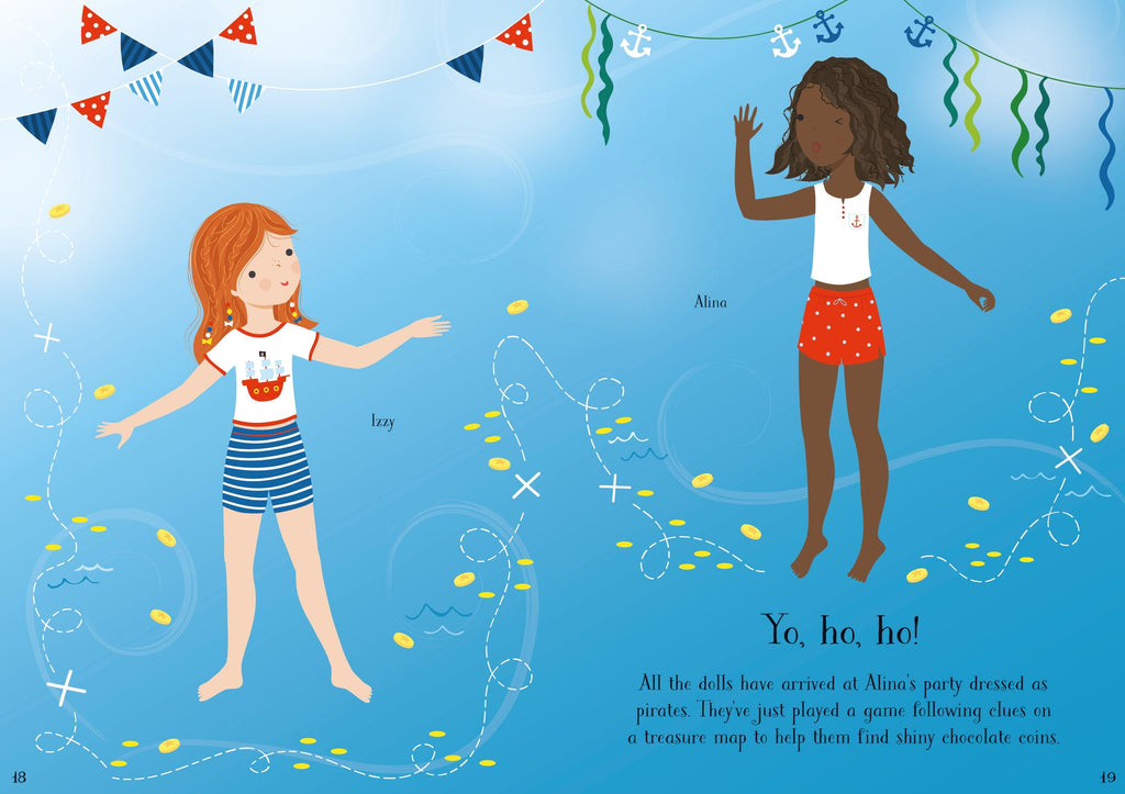 Usborne – Little Sticker Dolly Dressing Parties – Carte cu stickere pentru copii 4+ ani – carte pentru copii Usborne, detalii conținut cu abțibilduri