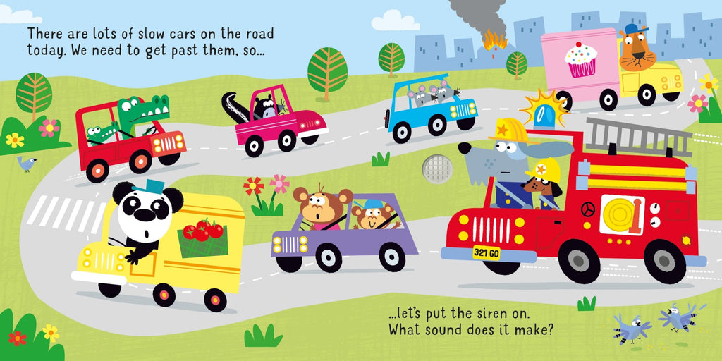 Usborne – Let's go on a Fire Engine – Carte pentru copii 12+ luni – carte pentru copii Usborne, detalii conținut cu sunete