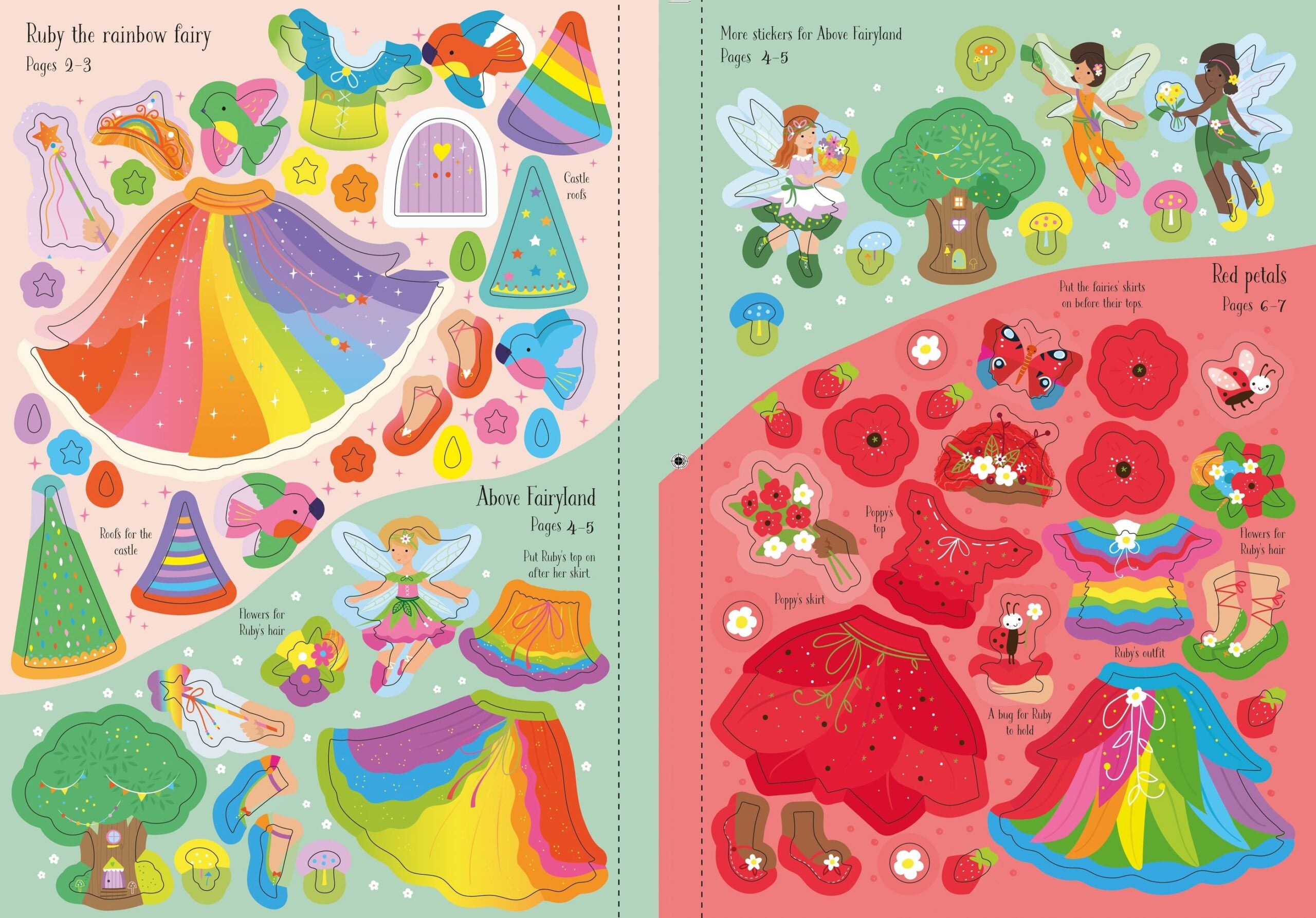 Usborne – Little Sticker Dolly Dressing Rainbow Fairy – Carte cu stickere pentru copii 4+ ani – carte pentru copii Usborne, detalii conținut cu abțibilduri