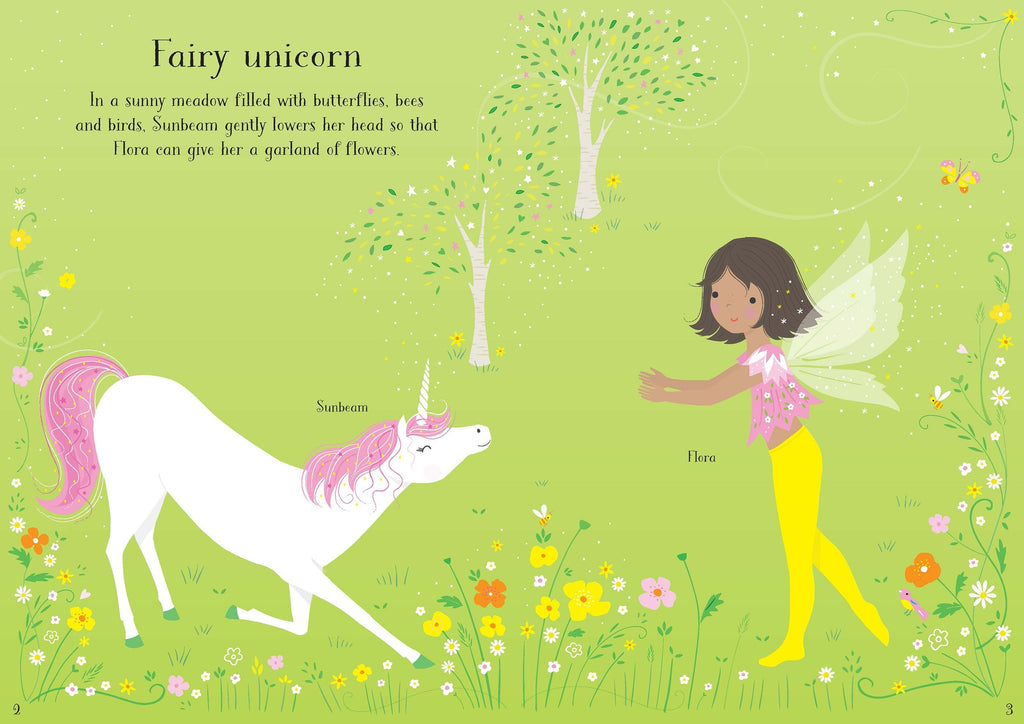 Usborne – Little Sticker Dolly Dressing Unicorns – Carte cu stickere pentru copii 4+ ani – carte pentru copii Usborne, detalii conținut cu abțibilduri