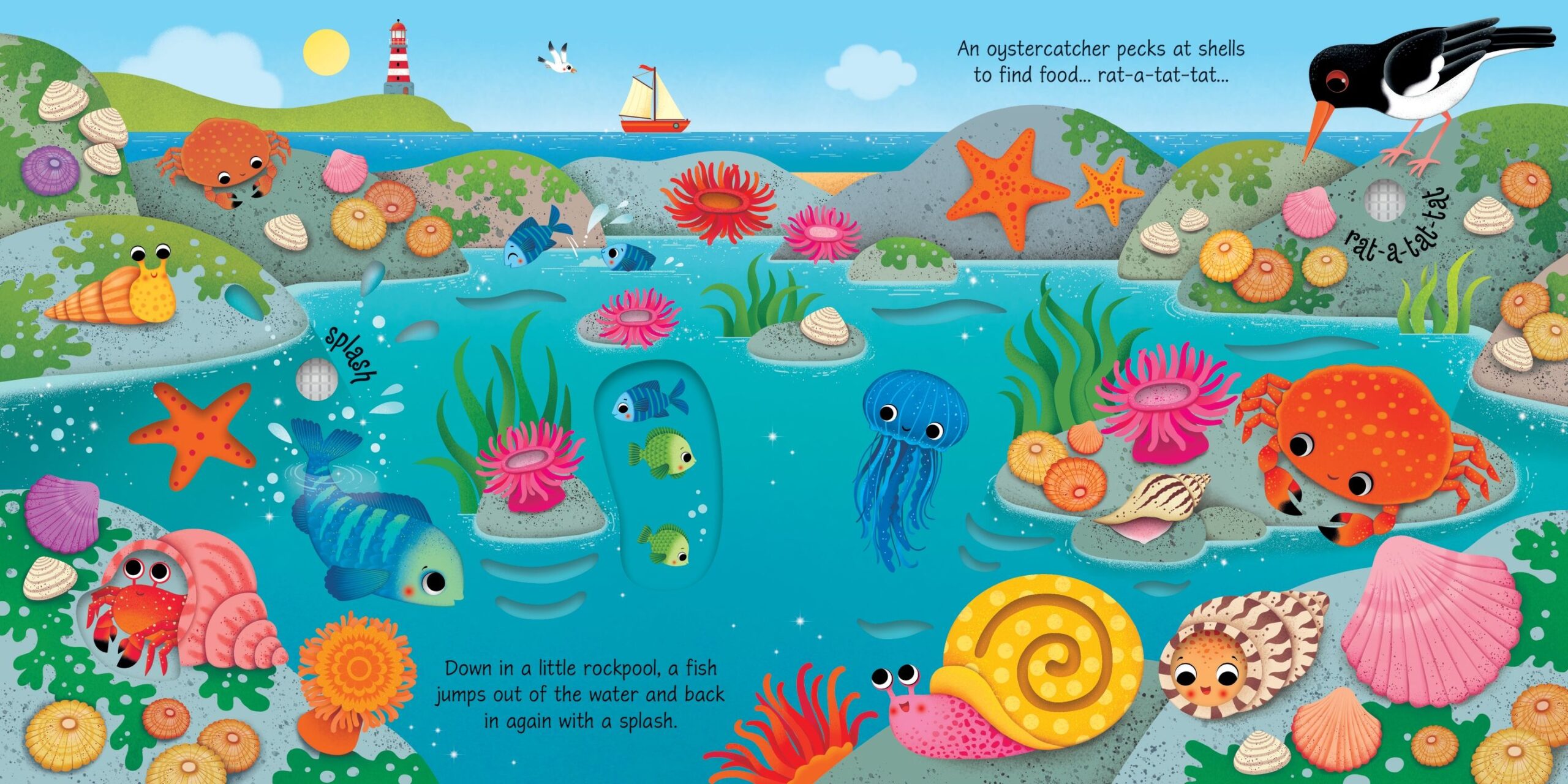 Usborne – Seashore Sounds – Carte cu sunete pentru copii 6+ luni – carte pentru copii Usborne, pagini interior ilustrate