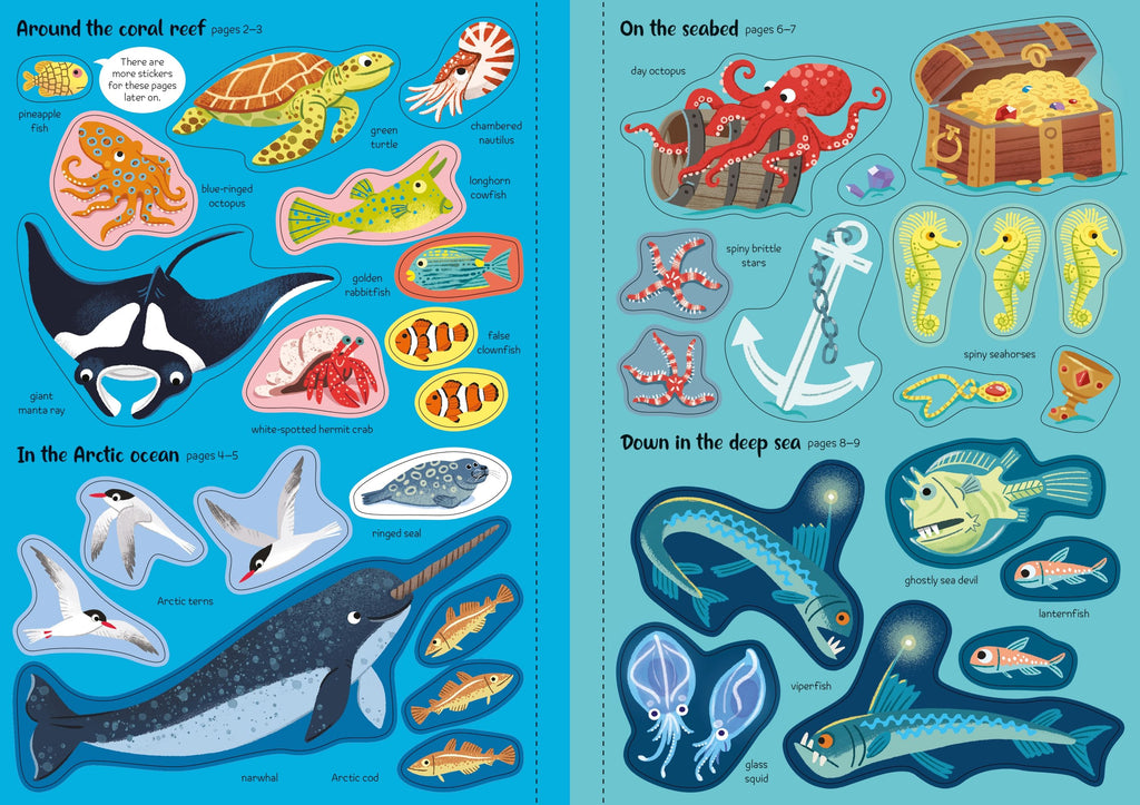 Usborne – Sparkly Sea Creatures Sticker Book – Carte cu stickere pentru copii 3+ ani – carte pentru copii Usborne, preview pagini