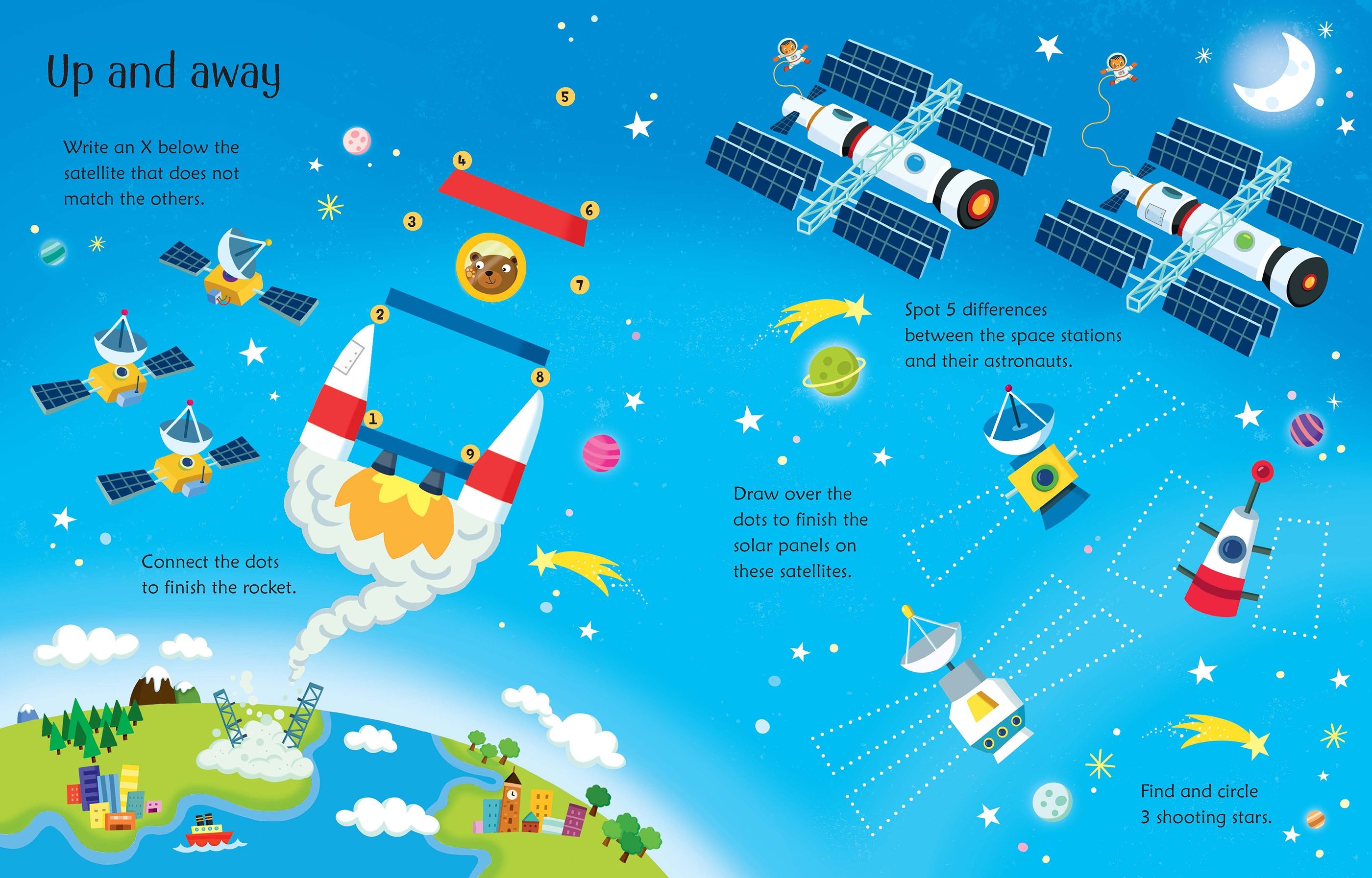 Usborne – Wipe-Clean Space Activities – Carte de activități (refolosibilă) pentru copii 3+ ani – carte pentru copii Usborne, detalii conținut