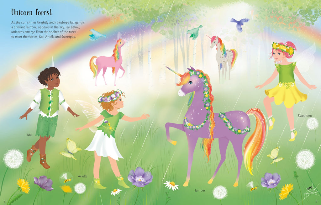 Usborne – Sticker Dolly Dressing Rainbow Unicorns – Carte cu stickere pentru copii 5+ ani – carte pentru copii Usborne, detalii conținut cu abțibilduri