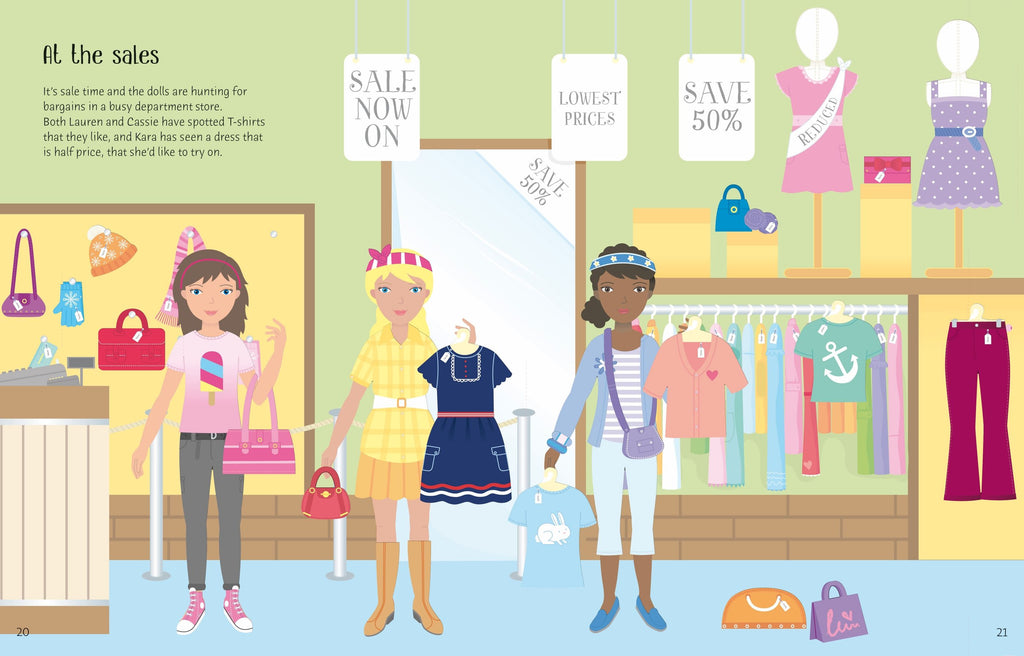 Usborne – Sticker Dolly Dressing Shopping – Carte cu stickere pentru copii 5+ ani – carte pentru copii Usborne, detalii conținut cu abțibilduri