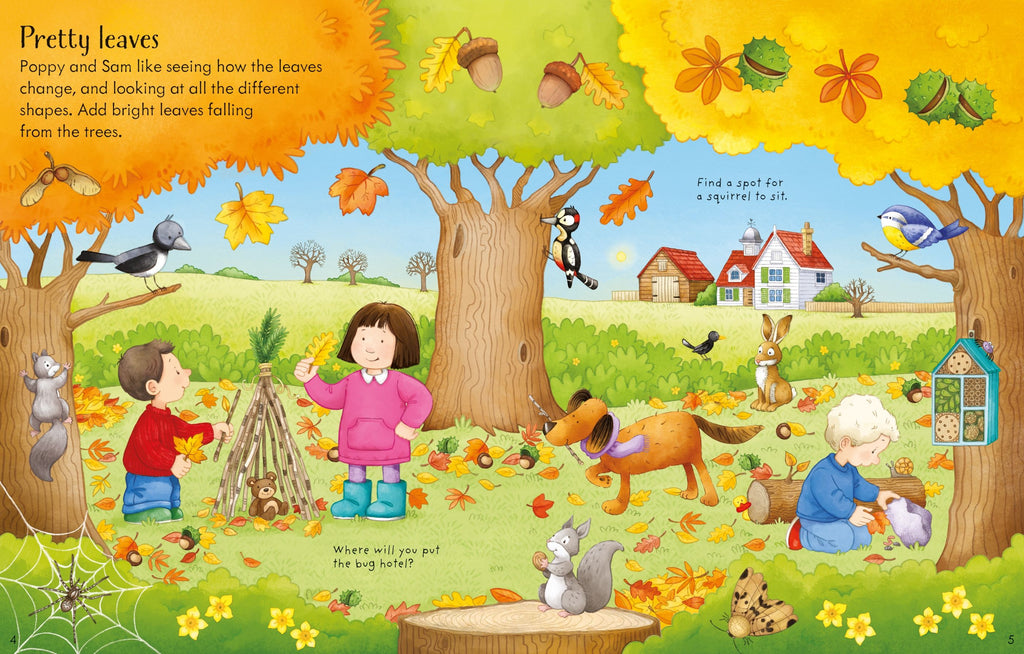 Usborne – Poppy and Sam's Autumn Sticker Book – Carte cu stickere pentru copii 3+ ani – carte pentru copii Usborne, detalii conținut cu abțibilduri