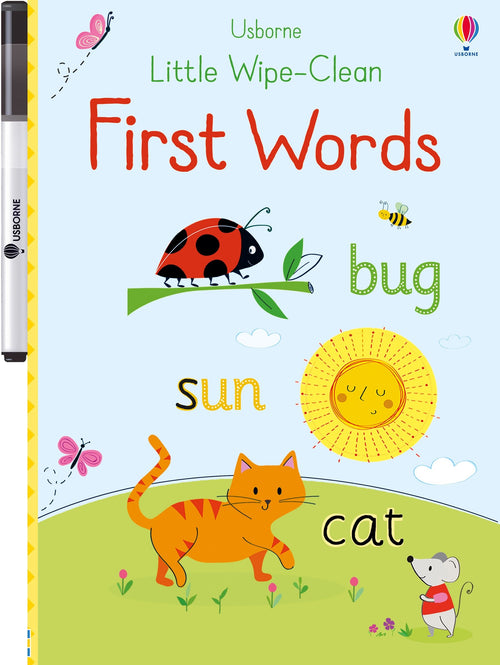 Coperta cărții „Little Wipe-Clean First Words” – carte scrie și șterge Usborne pentru copii 3+ ani