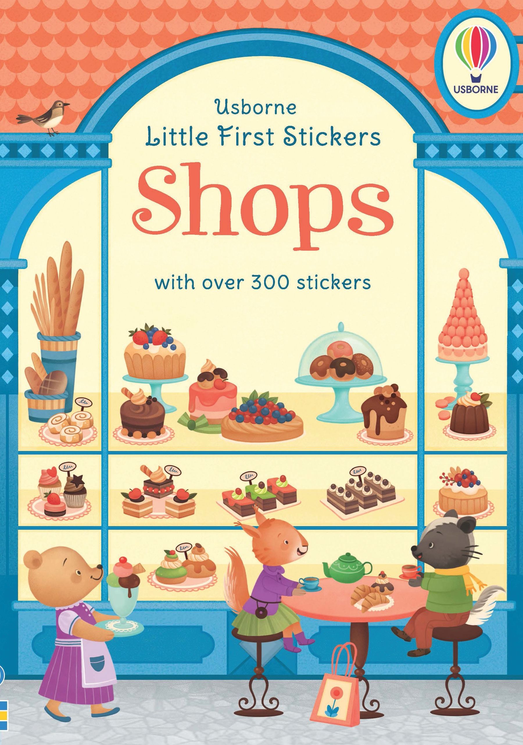 Coperta cărții „Little First Stickers Shops” – carte cu stickere Usborne pentru copii 3+ ani