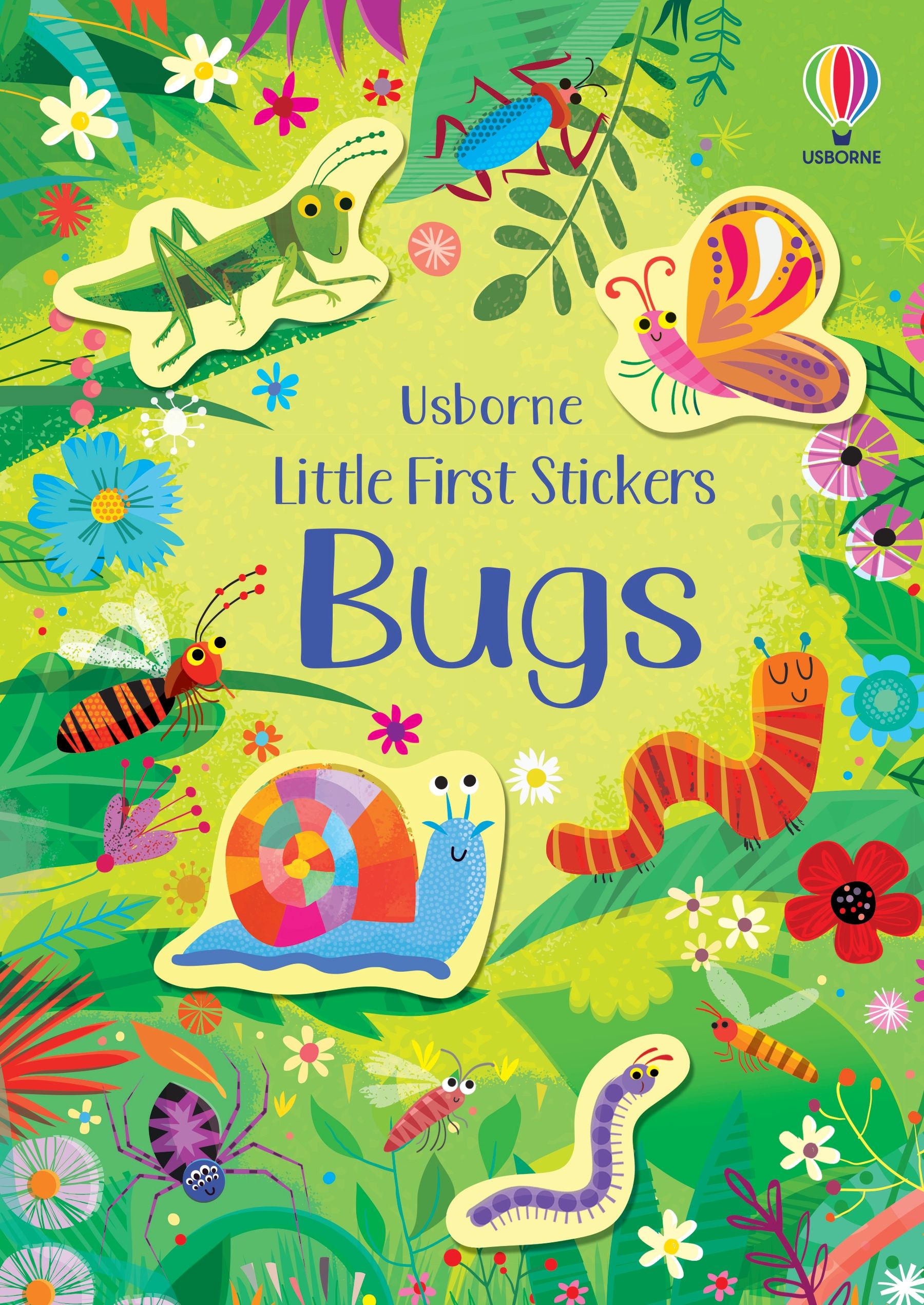 Coperta cărții „Little First Stickers Bugs” – carte cu stickere Usborne pentru copii 3+ ani