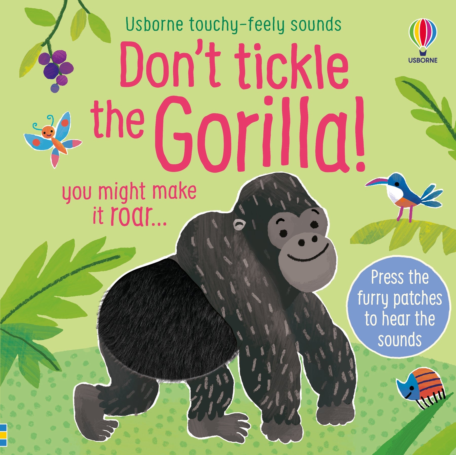 Coperta cărții „Don't Tickle the Gorilla!” – carte senzorială Usborne pentru copii 6+ luni