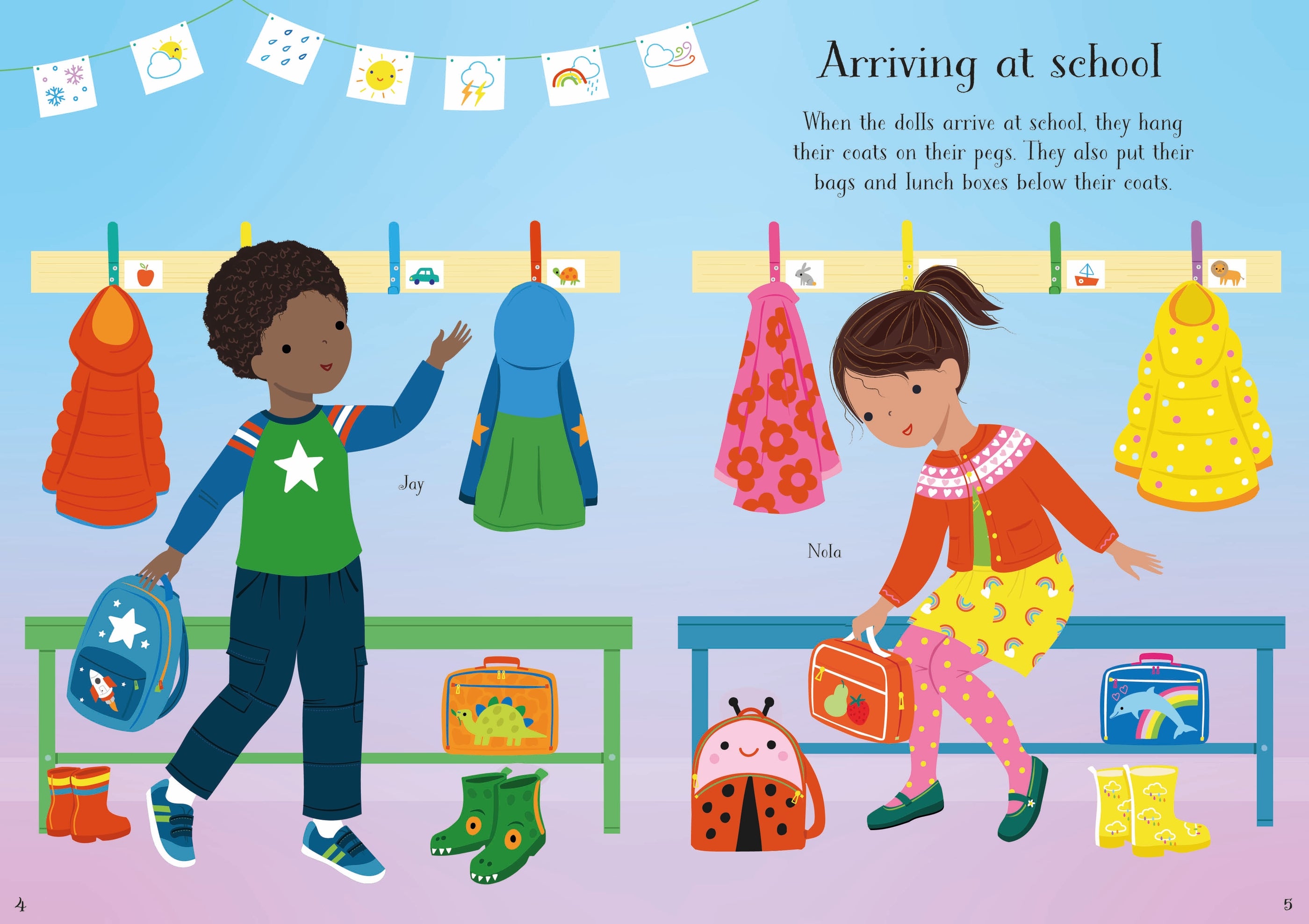 Detaliu din cartea „Little Sticker Dolly Dressing Starting School”, Usborne – imaginea 3