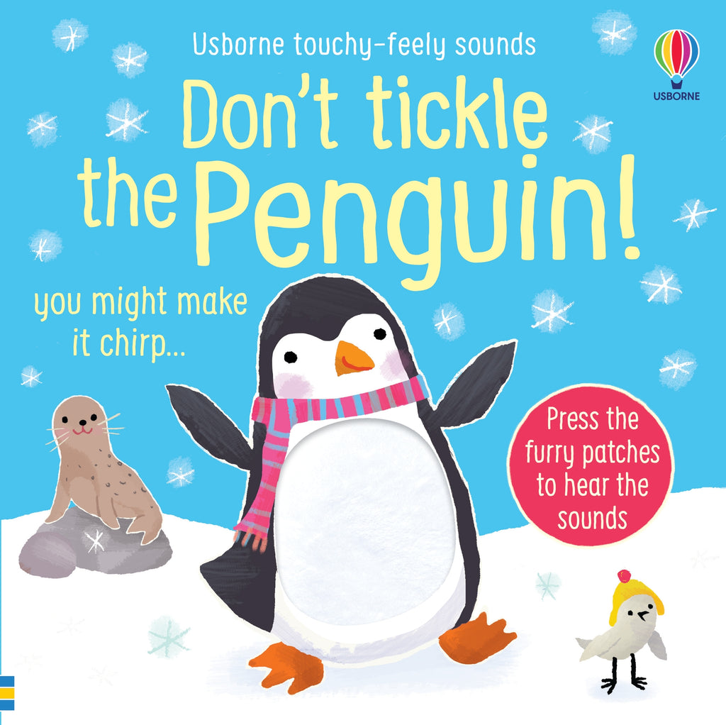 Coperta cărții „Don't Tickle the Penguin!” – carte senzorială Usborne pentru copii 6+ luni
