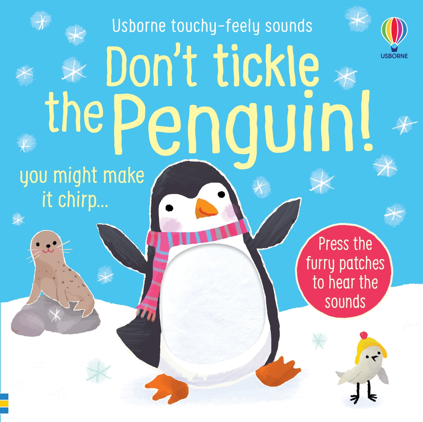 Coperta cărții „Don't Tickle the Penguin!” – carte senzorială Usborne pentru copii 6+ luni