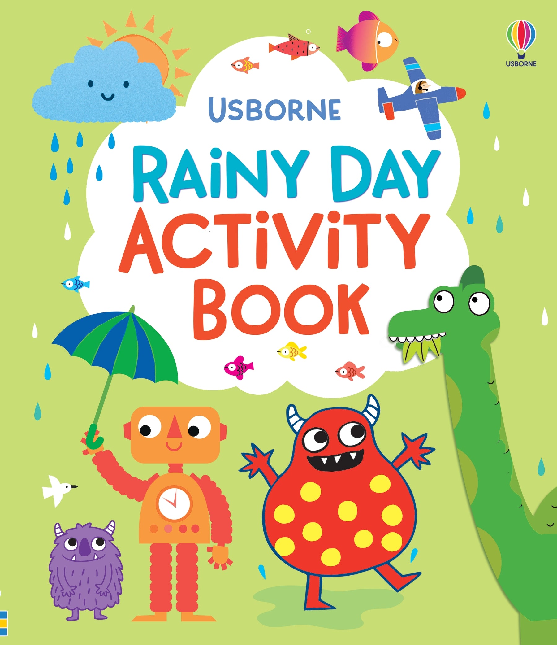 Coperta cărții „Rainy Day Activity Book” – carte cu activități Usborne pentru copii 4+ ani