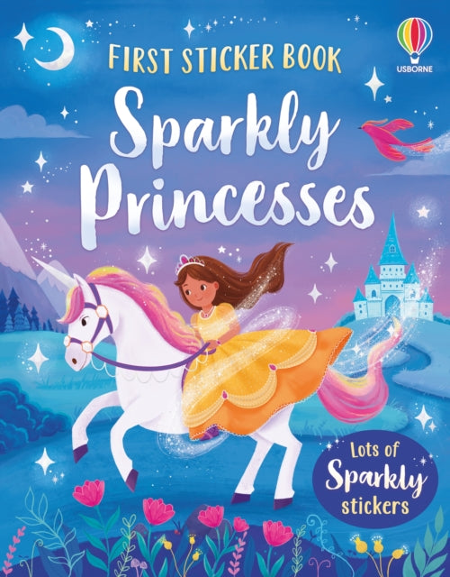 Coperta cărții „First Sticker Book Sparkly Princesses” – carte cu stickere Usborne pentru copii 3+ ani