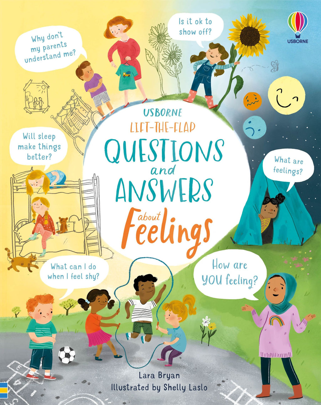 Coperta cărții „Lift-the-Flap Questions and Answers About Feelings” – carte cu clapete Usborne pentru copii 6+ ani