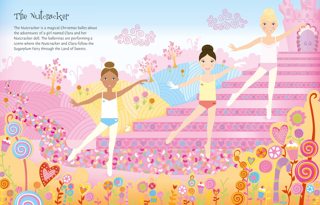 Usborne – Sticker Dolly Dressing Ballerinas – Carte cu stickere pentru copii 5+ ani – carte pentru copii Usborne, detalii conținut cu abțibilduri