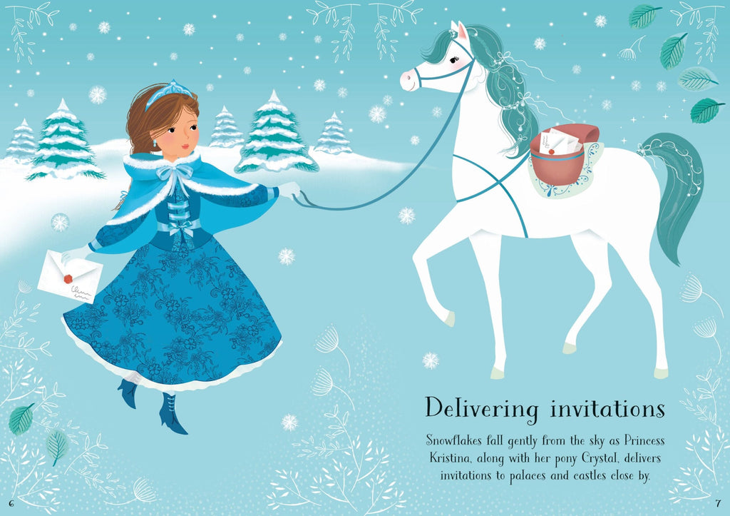 Usborne – Little Sticker Dolly Dressing Snow Princess – Carte cu stickere pentru copii 4+ ani – carte pentru copii Usborne, detalii conținut cu abțibilduri