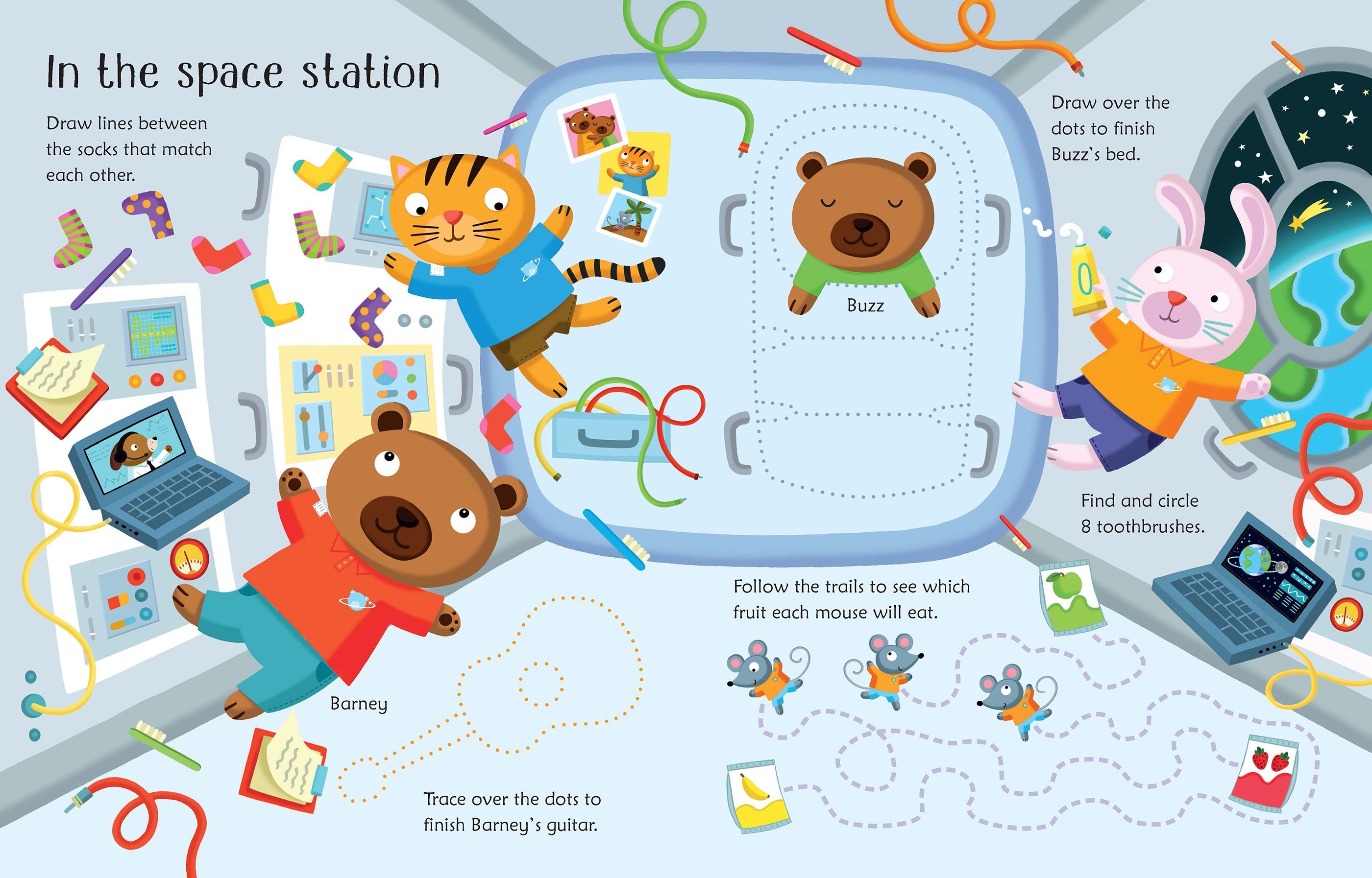 Usborne – Wipe-Clean Space Activities – Carte de activități (refolosibilă) pentru copii 3+ ani – carte pentru copii Usborne, pagini interior ilustrate