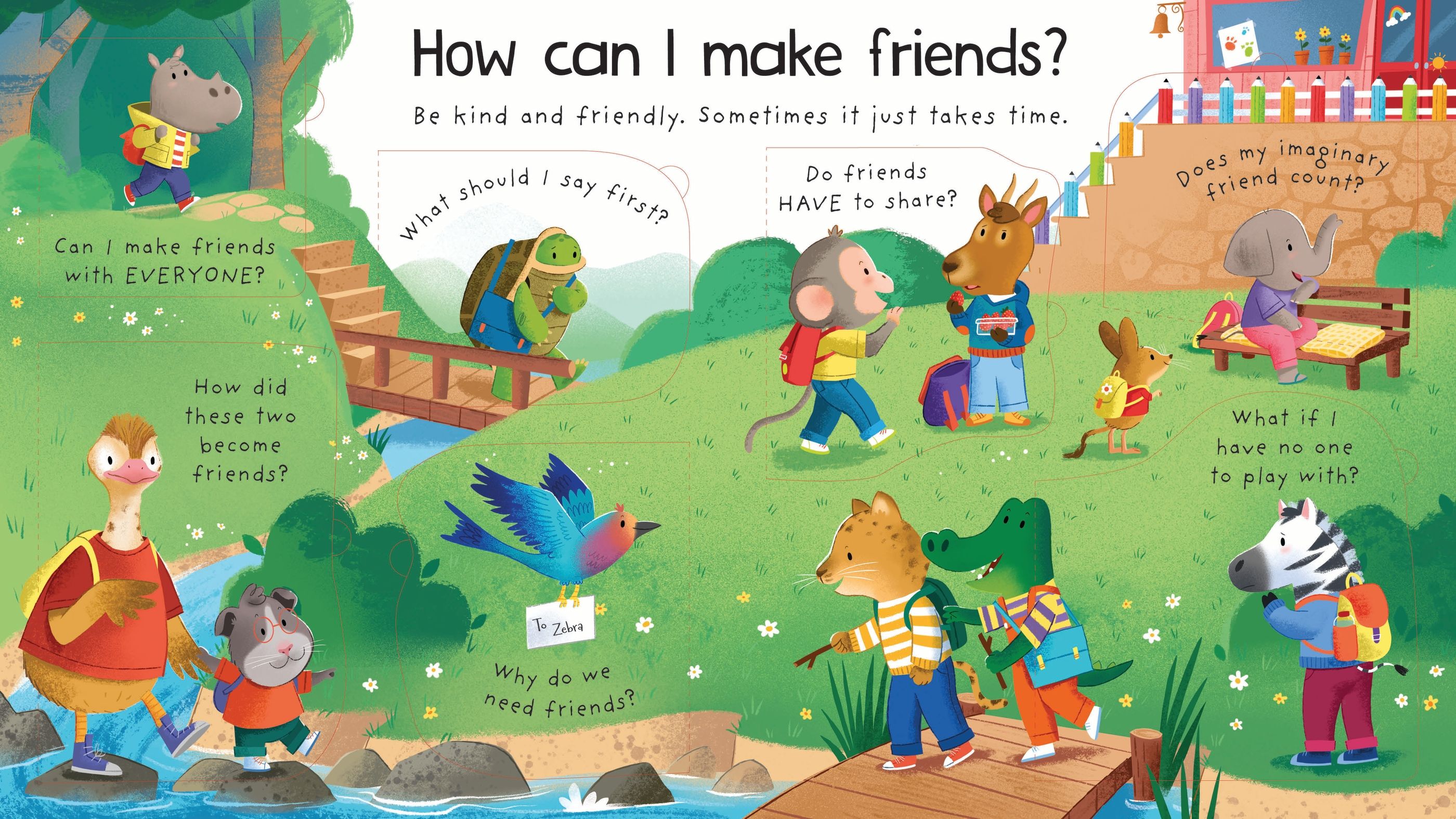 Usborne – Lift-the-flap First Questions and Answers How can I make friends? – Carte cu clapete pentru copii 4+ ani – carte pentru copii Usborne, pagini interior ilustrate