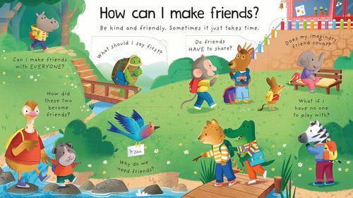 Usborne – Lift-the-flap First Questions and Answers How can I make friends? – Carte cu clapete pentru copii 4+ ani – carte pentru copii Usborne, pagini interior ilustrate