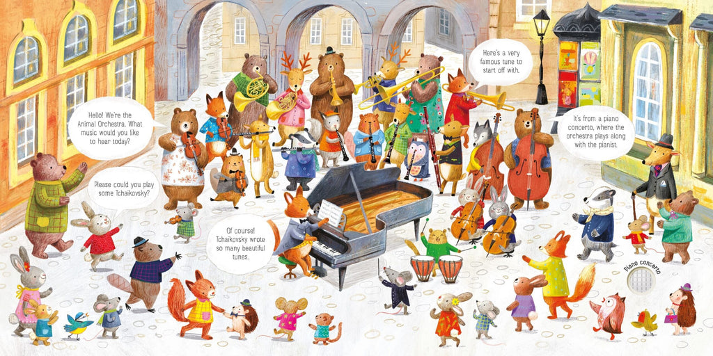 Usborne – The Animal Orchestra Plays Tchaikovsky – Carte muzicală pentru copii 6+ luni – carte pentru copii Usborne, pagini interior ilustrate